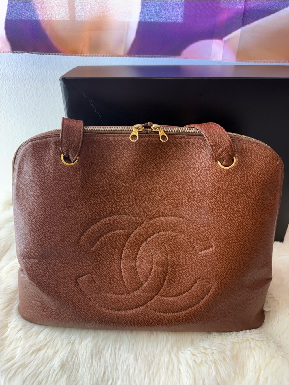 😍Fall🍁 Chanel Caviar Stitched CC Double Zip Caramel Brown Timeless Tote - Picture 10 of 14